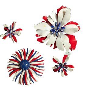 Brooches Clip On Earrings Red White  Blue Enamel Flower power retro vintage